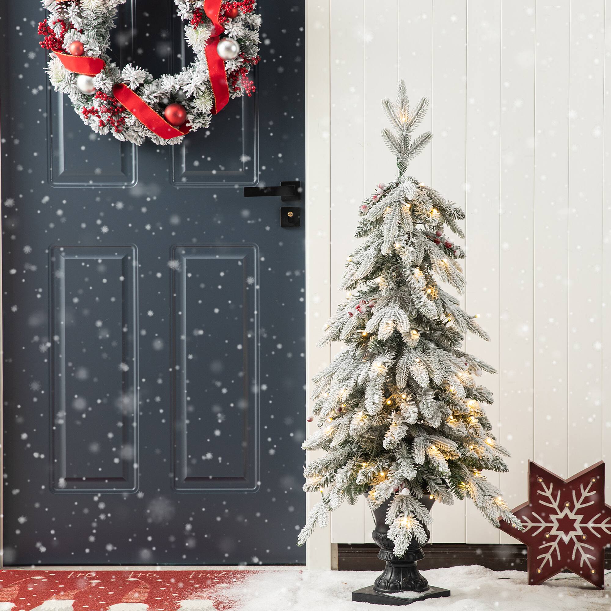 2 Pack 4ft. Pre-Lit Flocked Red Berry Fir Artificial Christmas Porch Tree in Urn, Warm White Lights